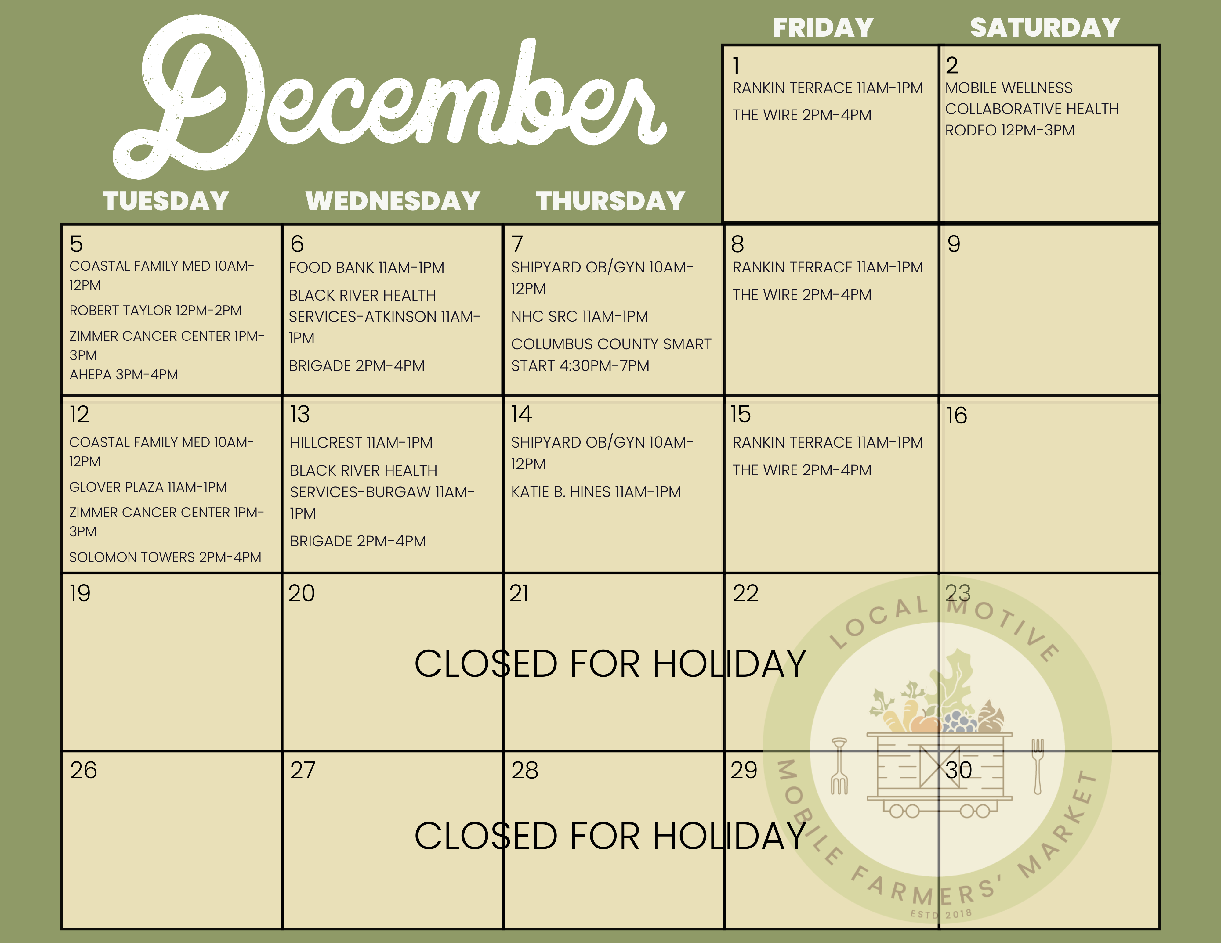 Mobile Market Monthly Calendar - December 23 Mobile Market Monthly Calendar - December 23