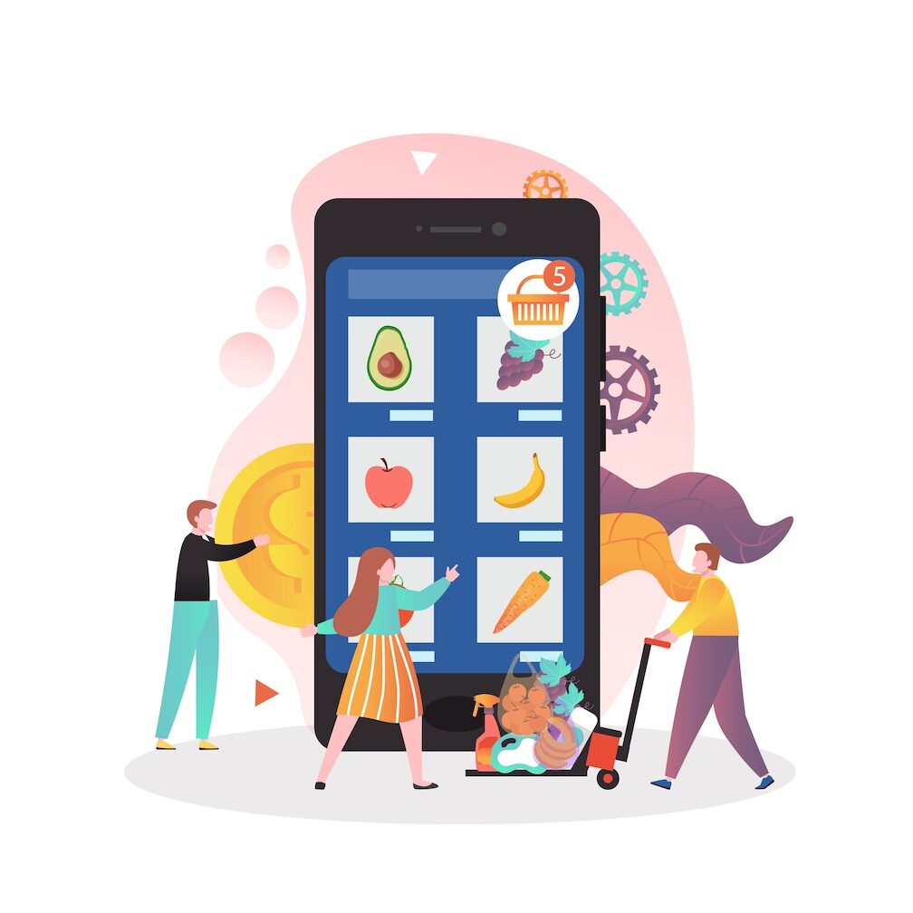 Online farmers market vector concept for web banner, website page Graphic of phone with veggies and people helping to make an online order happen